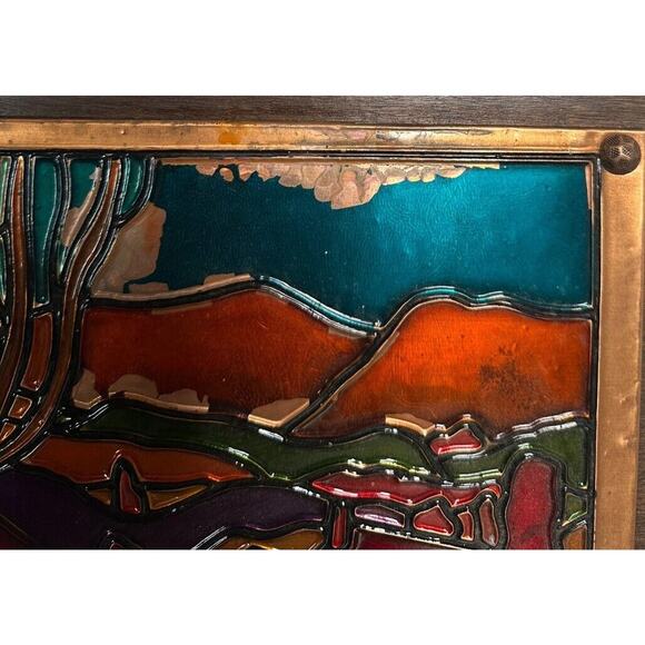 Vtg Enamel on Embossed Copper Village Mounted Autumn Fall Picture Wall Art - Picture 3 of 11